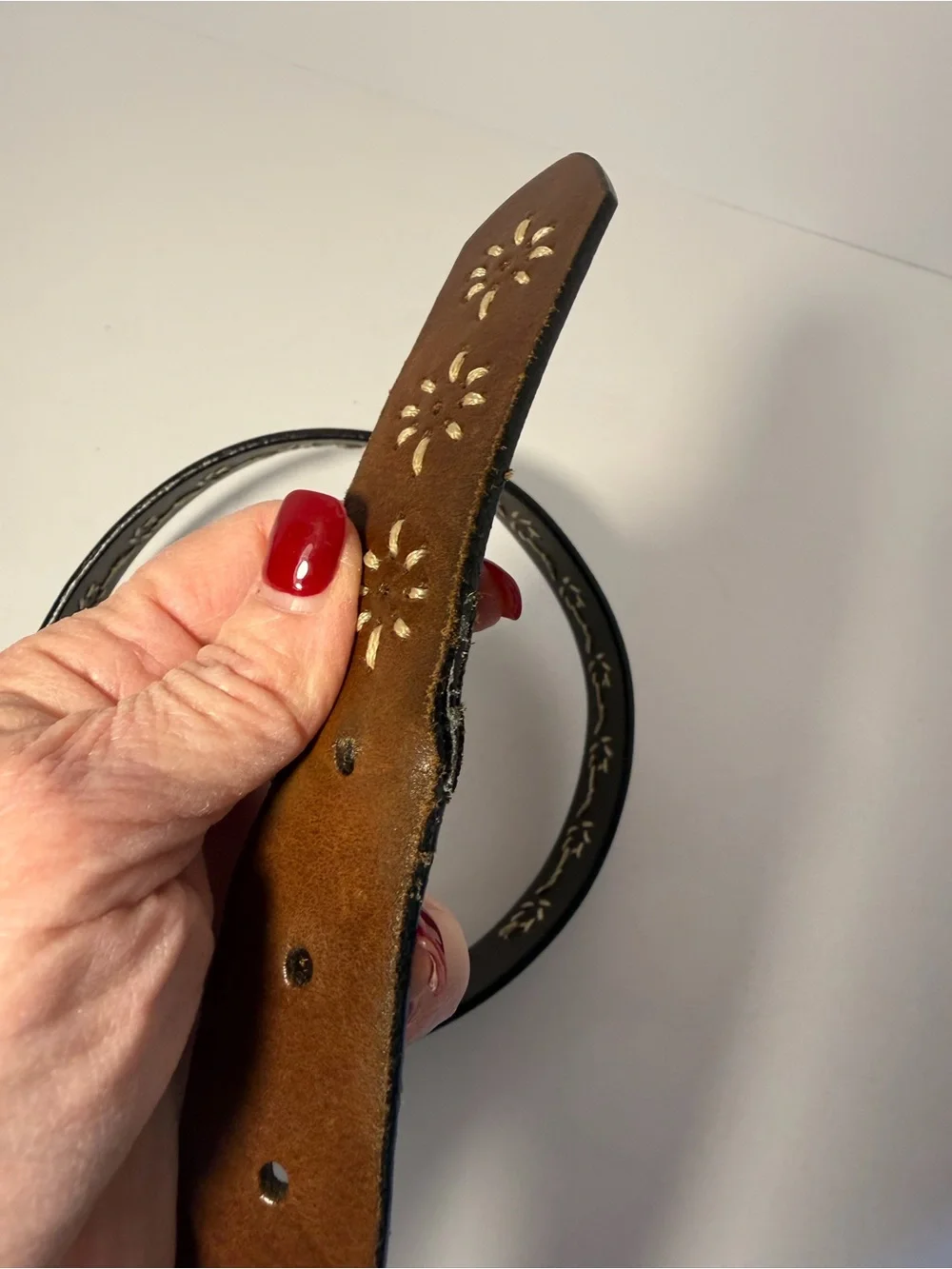 🌾 VTG Brown Leather Western Floral Embroidered Whipstitch Belt M 🌾